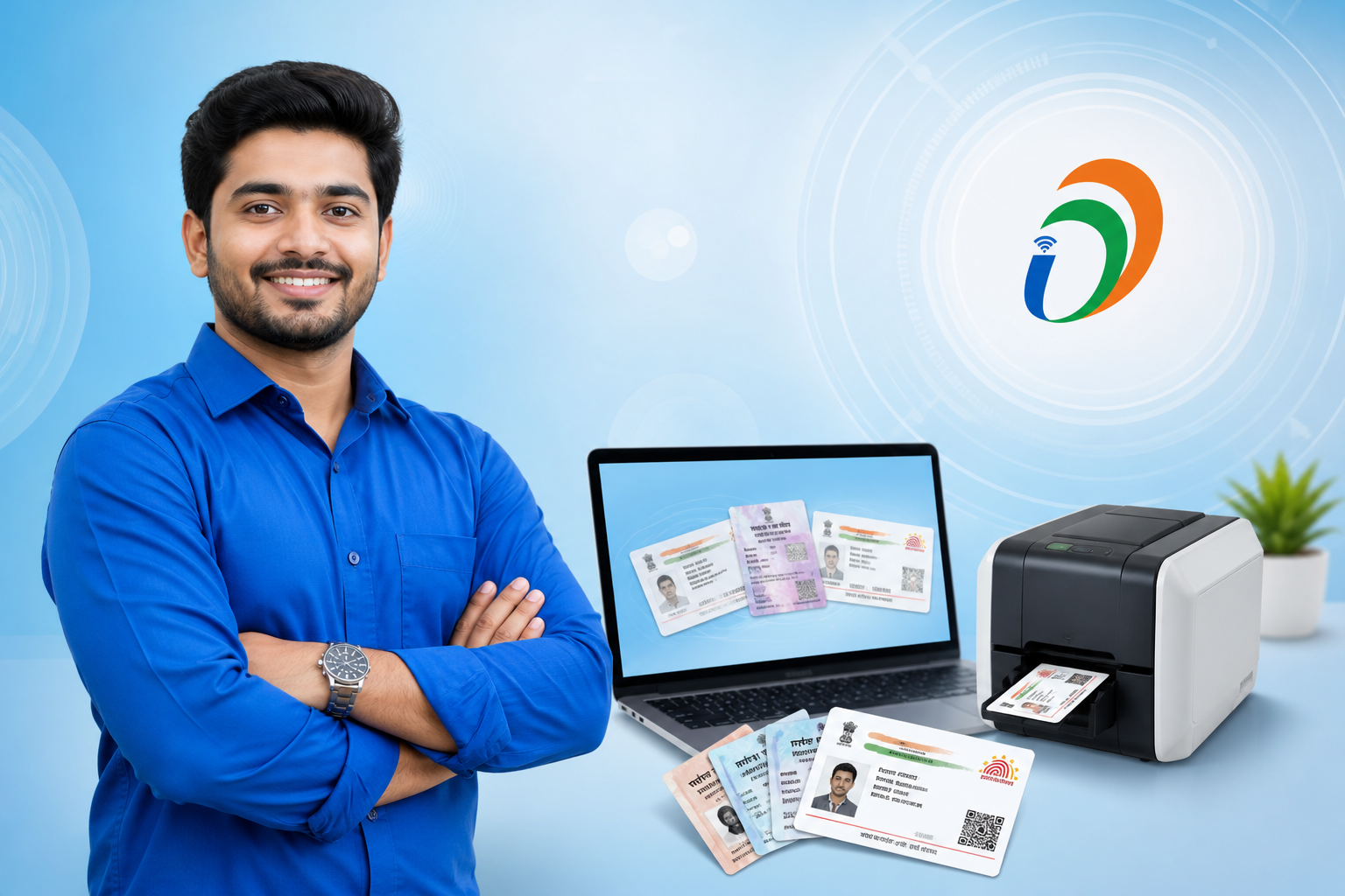 Manoj Digital Seva operator with PVC card printer and government ID cards