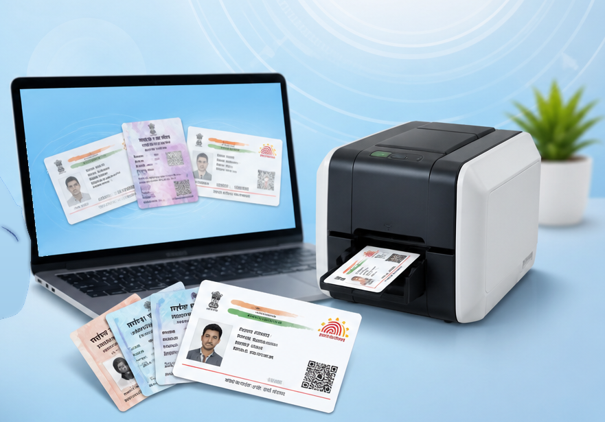 PVC card printer, laptop and printed government ID cards